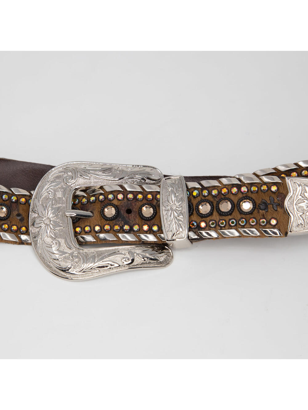 Women's Kippys Cow Hair Brown Leather Rhinestones Belt Silver Buckle Sz 32